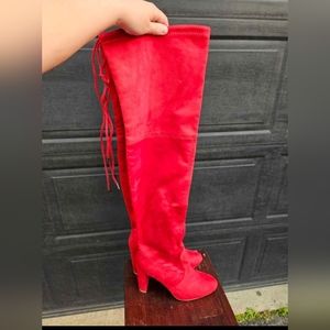 Over the knee red slouchy boots